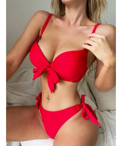 Women's 2 Piece Knot Front Push Up Bikini Set Spaghetti Strap Tie Side Swimsuit Red $21.45 Swimsuits