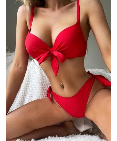 Women's 2 Piece Knot Front Push Up Bikini Set Spaghetti Strap Tie Side Swimsuit Red $21.45 Swimsuits