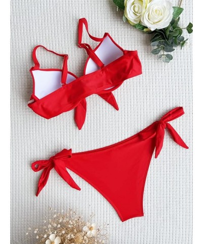 Women's 2 Piece Knot Front Push Up Bikini Set Spaghetti Strap Tie Side Swimsuit Red $21.45 Swimsuits