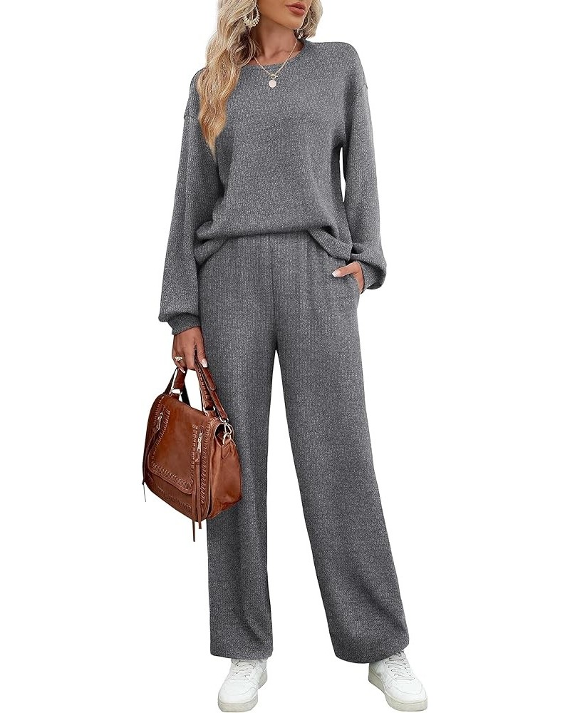 Womens Sweatsuits Sets Long Sleeve Crewneck Top Wide Leg Pants Two Piece Outfits Dark Gray $24.43 Activewear