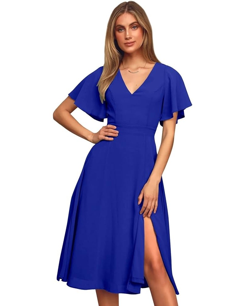 Women's Short Sleeve Bridesmaid Dresses with Slit V Neck Chiffon Short Formal Evening Gowns Royal Blue $20.70 Dresses