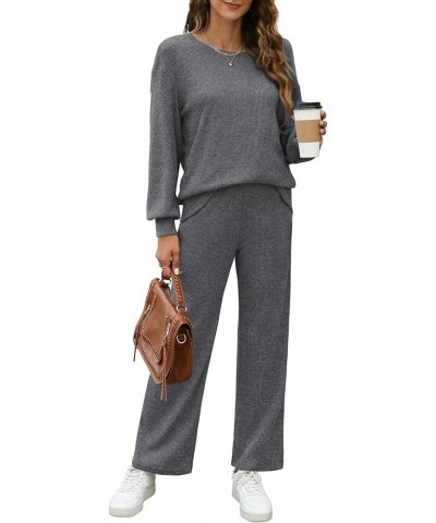 Womens Sweatsuits Sets Long Sleeve Crewneck Top Wide Leg Pants Two Piece Outfits Dark Gray $24.43 Activewear