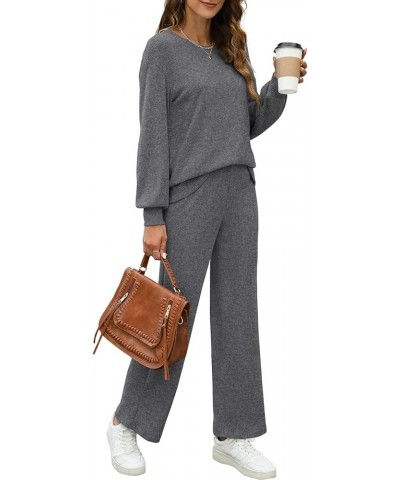 Womens Sweatsuits Sets Long Sleeve Crewneck Top Wide Leg Pants Two Piece Outfits Dark Gray $24.43 Activewear