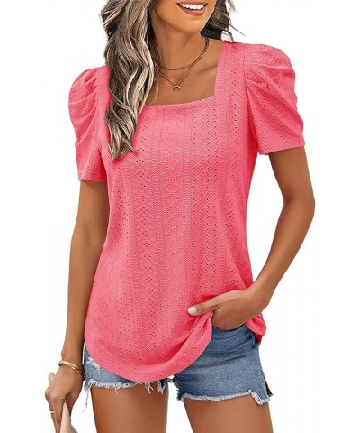 Summer Tops for Women Square Neck Shirts Puff Short Sleeve Eyelet Dressy Casual Tunics Blouse T-Shirt S-2XL 01-rose Red $13.1...