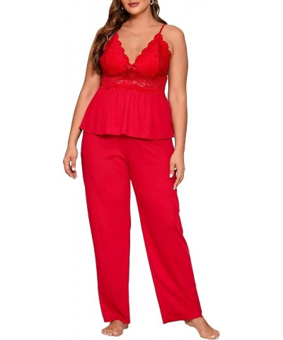 Women's 2 Piece Plus Size Lace Pajama Set Pjs Sleepwear Set Lounge Sets V Neck Cami Top and Pants Red Solid $16.31 Sleep & Lo...