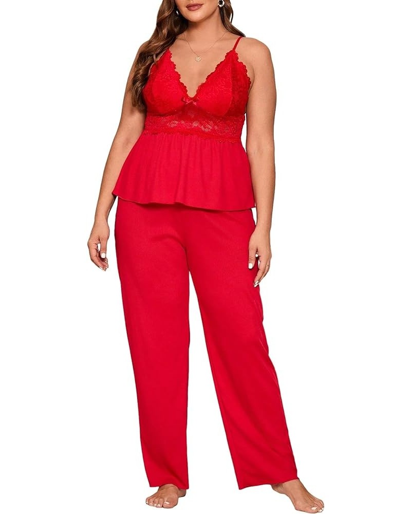 Women's 2 Piece Plus Size Lace Pajama Set Pjs Sleepwear Set Lounge Sets V Neck Cami Top and Pants Red Solid $16.31 Sleep & Lo...