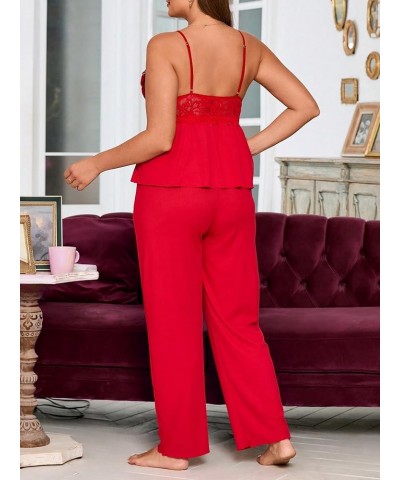 Women's 2 Piece Plus Size Lace Pajama Set Pjs Sleepwear Set Lounge Sets V Neck Cami Top and Pants Red Solid $16.31 Sleep & Lo...