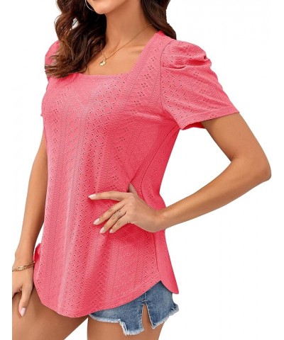 Summer Tops for Women Square Neck Shirts Puff Short Sleeve Eyelet Dressy Casual Tunics Blouse T-Shirt S-2XL 01-rose Red $13.1...