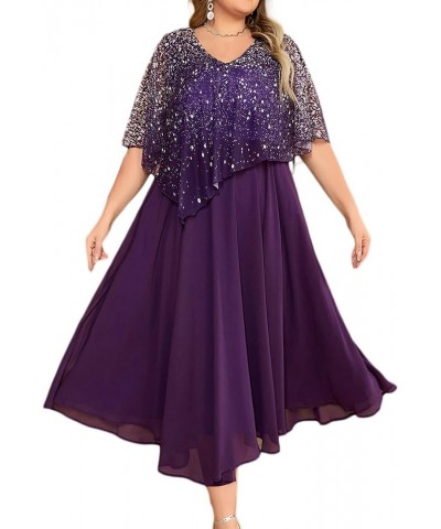 Plus Size Dress for Women, Mother of The Bride Purple Chiffon Sparkly Print Asymmetric Layered Tea-Length Dress Purple $23.52...