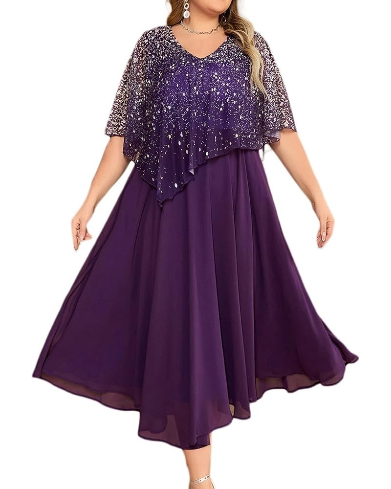 Plus Size Dress for Women, Mother of The Bride Purple Chiffon Sparkly Print Asymmetric Layered Tea-Length Dress Purple $23.52...