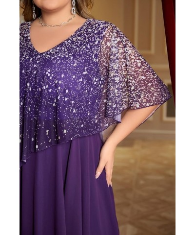 Plus Size Dress for Women, Mother of The Bride Purple Chiffon Sparkly Print Asymmetric Layered Tea-Length Dress Purple $23.52...