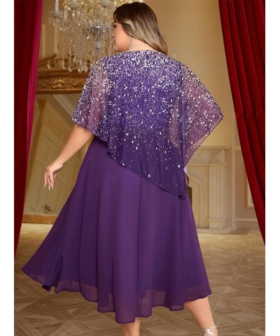 Plus Size Dress for Women, Mother of The Bride Purple Chiffon Sparkly Print Asymmetric Layered Tea-Length Dress Purple $23.52...