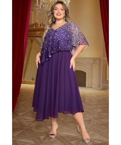 Plus Size Dress for Women, Mother of The Bride Purple Chiffon Sparkly Print Asymmetric Layered Tea-Length Dress Purple $23.52...