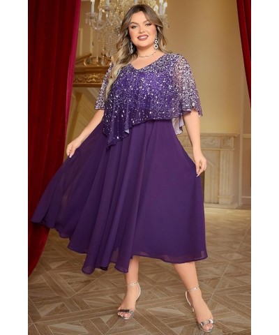 Plus Size Dress for Women, Mother of The Bride Purple Chiffon Sparkly Print Asymmetric Layered Tea-Length Dress Purple $23.52...