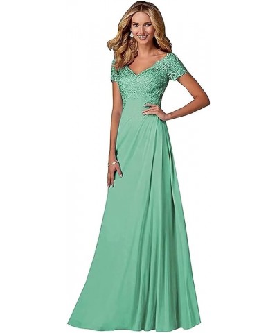 V Neck Appliques Mother of The Bride Dress Long Chiffon Prom Formal Evening Party Dresses for Women with Short Sleeves Mint $...