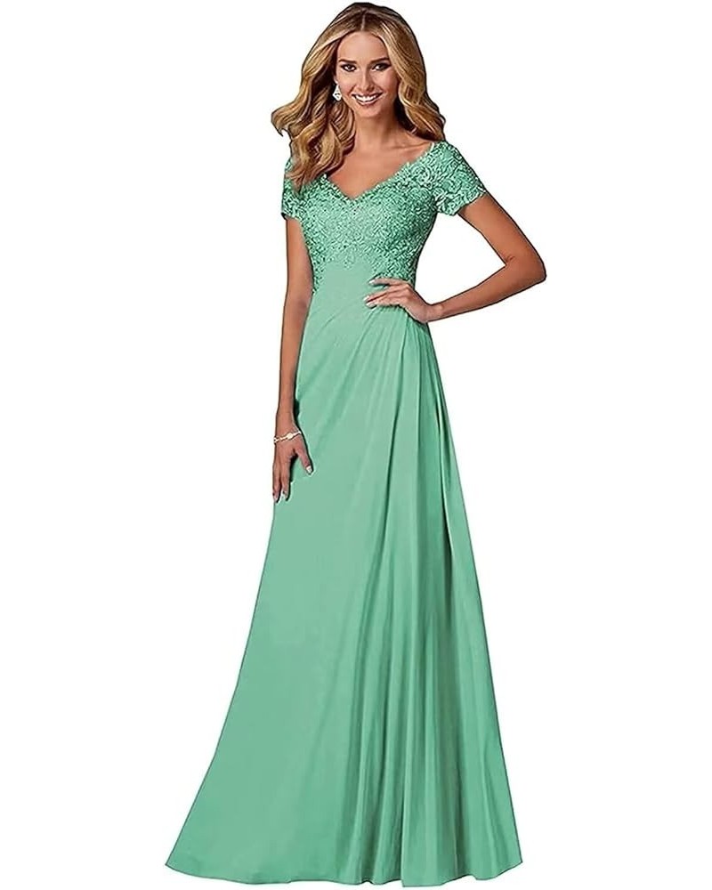 V Neck Appliques Mother of The Bride Dress Long Chiffon Prom Formal Evening Party Dresses for Women with Short Sleeves Mint $...