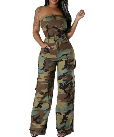 Womens Casual Camo Jumpsuit Cargo Strapless Army Fatigue Sleeveless Wide Leg Baggy Bib Rompers Overalls Outfits W-cy9618-gree...