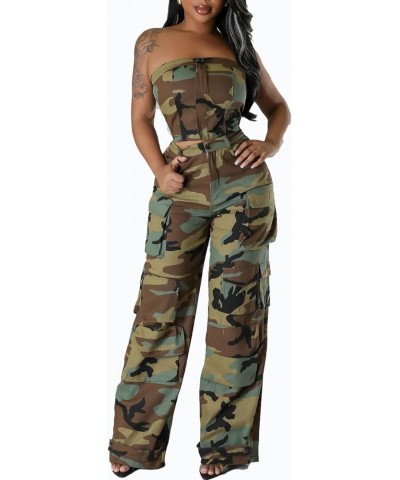 Womens Casual Camo Jumpsuit Cargo Strapless Army Fatigue Sleeveless Wide Leg Baggy Bib Rompers Overalls Outfits W-cy9618-gree...