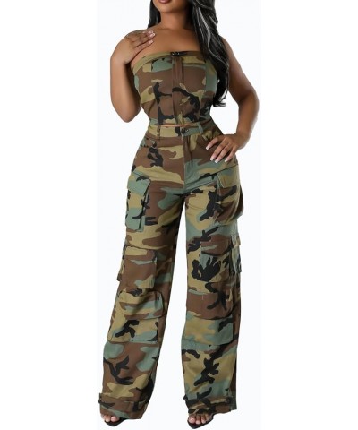 Womens Casual Camo Jumpsuit Cargo Strapless Army Fatigue Sleeveless Wide Leg Baggy Bib Rompers Overalls Outfits W-cy9618-gree...