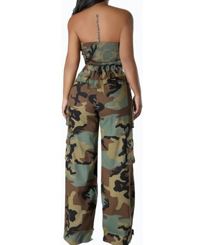 Womens Casual Camo Jumpsuit Cargo Strapless Army Fatigue Sleeveless Wide Leg Baggy Bib Rompers Overalls Outfits W-cy9618-gree...