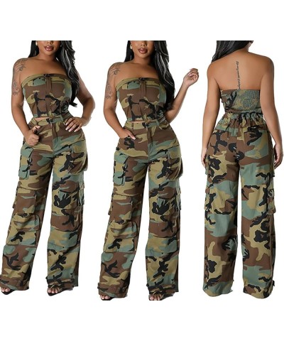 Womens Casual Camo Jumpsuit Cargo Strapless Army Fatigue Sleeveless Wide Leg Baggy Bib Rompers Overalls Outfits W-cy9618-gree...