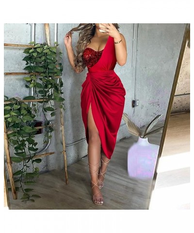 Womens One Shoulder Sequin Cocktail Dresses Sexy Slit Plus Size Wedding Guest Party Homecoming Dresses A-red $9.35 Activewear