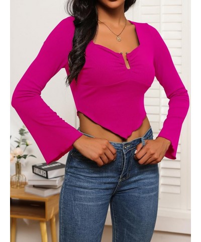 Womens Long Sleeve Square Neck Crop Tops Ribbed Slim Fitted Tight Going Out Shirt Asymmetrical Hem Tee Hot Pink $11.44 T-Shirts