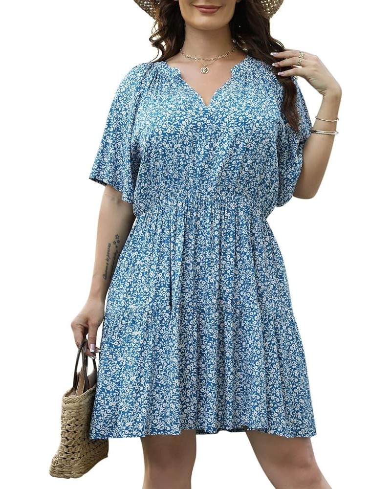 Womens Plus Size Floral Print Boho Casual Layered Swing Skater Dress with Pocket NEM299 Blue Print $15.75 Dresses