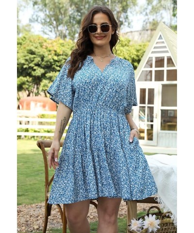 Womens Plus Size Floral Print Boho Casual Layered Swing Skater Dress with Pocket NEM299 Blue Print $15.75 Dresses