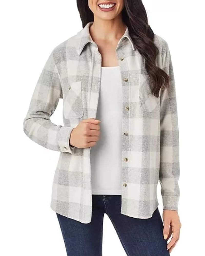 Women's Cozy Button Up Shirt Grey and Delicate Ivory Plaid $18.40 Blouses