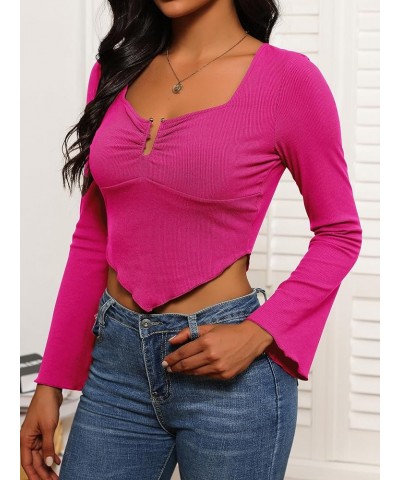 Womens Long Sleeve Square Neck Crop Tops Ribbed Slim Fitted Tight Going Out Shirt Asymmetrical Hem Tee Hot Pink $11.44 T-Shirts