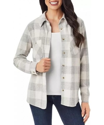 Women's Cozy Button Up Shirt Grey and Delicate Ivory Plaid $18.40 Blouses