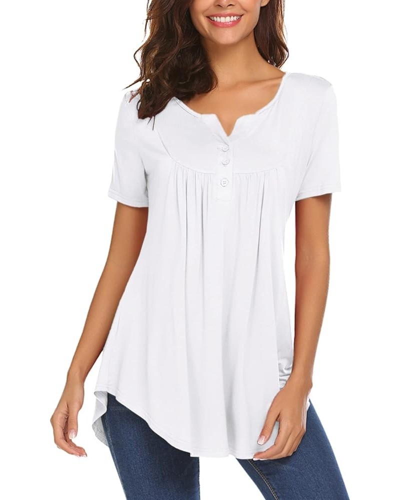 Women's Casual Long Sleeve Henley V-Neck Shirt Loose Fit Pleated Tunic Blouse Tops A-white $18.59 Tops