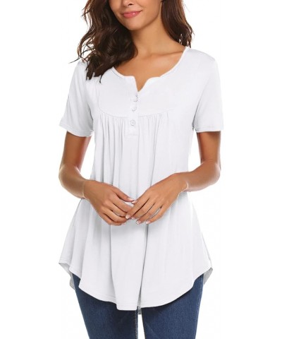 Women's Casual Long Sleeve Henley V-Neck Shirt Loose Fit Pleated Tunic Blouse Tops A-white $18.59 Tops