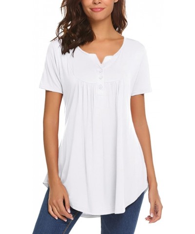 Women's Casual Long Sleeve Henley V-Neck Shirt Loose Fit Pleated Tunic Blouse Tops A-white $18.59 Tops