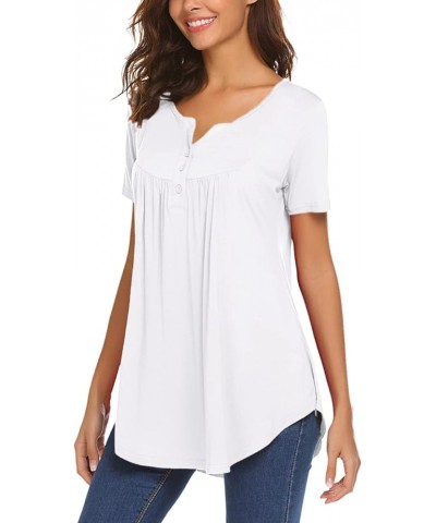 Women's Casual Long Sleeve Henley V-Neck Shirt Loose Fit Pleated Tunic Blouse Tops A-white $18.59 Tops