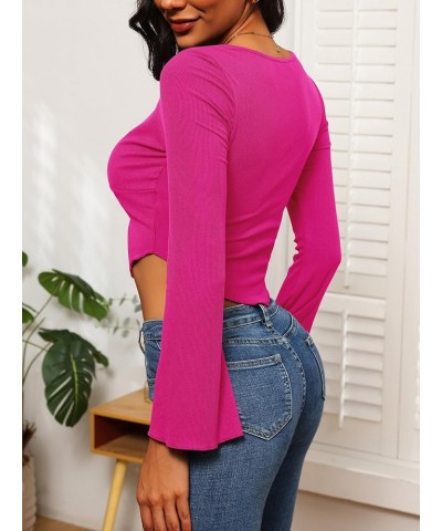 Womens Long Sleeve Square Neck Crop Tops Ribbed Slim Fitted Tight Going Out Shirt Asymmetrical Hem Tee Hot Pink $11.44 T-Shirts