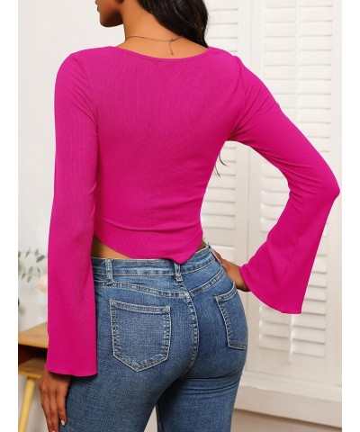 Womens Long Sleeve Square Neck Crop Tops Ribbed Slim Fitted Tight Going Out Shirt Asymmetrical Hem Tee Hot Pink $11.44 T-Shirts