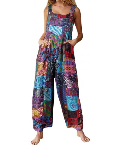 Women's Loose Sleeveless Printed Bib Overalls Pockets Wide Leg Palazzo Pants Tank Jumpsuit Purple $15.11 Overalls