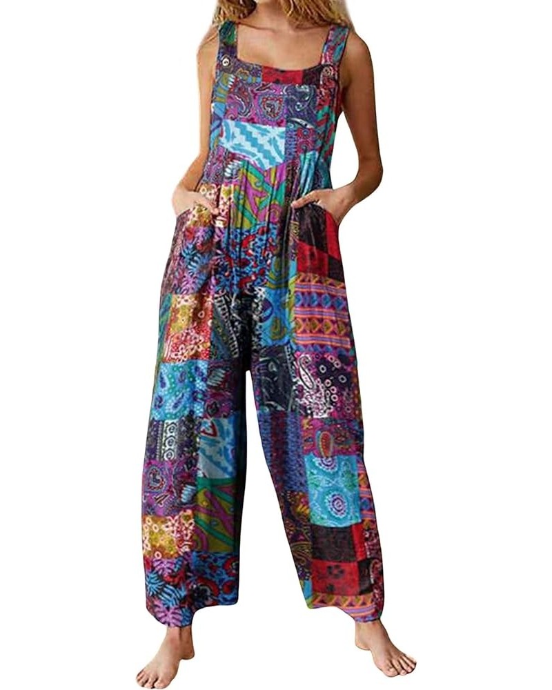 Women's Loose Sleeveless Printed Bib Overalls Pockets Wide Leg Palazzo Pants Tank Jumpsuit Purple $15.11 Overalls