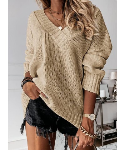 Womens Loose Sweaters Sexy V Neck Long Sleeve Solid Knitted Jumper Pullover Sweatshirt Tops Khaki $23.39 Hoodies & Sweatshirts