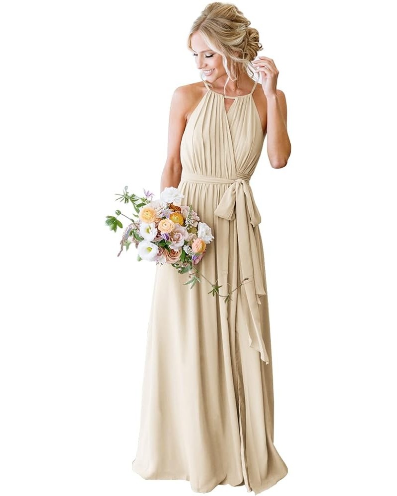 Women's Halter Pleated Chiffon Long Bridesmaid Dresses with Pockets Formal Dresses Evening Party Gown Champagne $23.65 Dresses