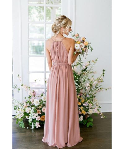 Women's Halter Pleated Chiffon Long Bridesmaid Dresses with Pockets Formal Dresses Evening Party Gown Champagne $23.65 Dresses