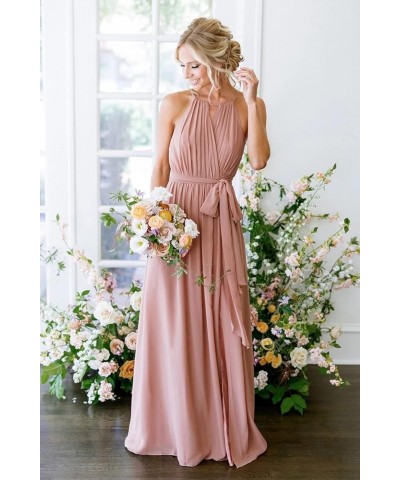 Women's Halter Pleated Chiffon Long Bridesmaid Dresses with Pockets Formal Dresses Evening Party Gown Champagne $23.65 Dresses