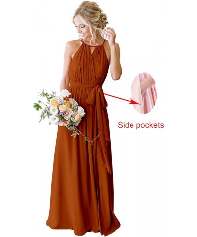 Women's Halter Pleated Chiffon Long Bridesmaid Dresses with Pockets Formal Dresses Evening Party Gown Champagne $23.65 Dresses