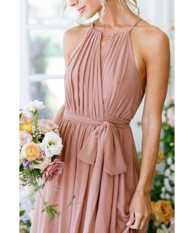 Women's Halter Pleated Chiffon Long Bridesmaid Dresses with Pockets Formal Dresses Evening Party Gown Champagne $23.65 Dresses