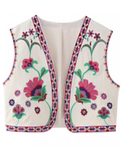 Women's Vintage Embroidered Floral Vest Y2k Sleeveless Linen Open Shirt Blouse Fashion Crochet Flower Cardigan Vests Tops Bei...