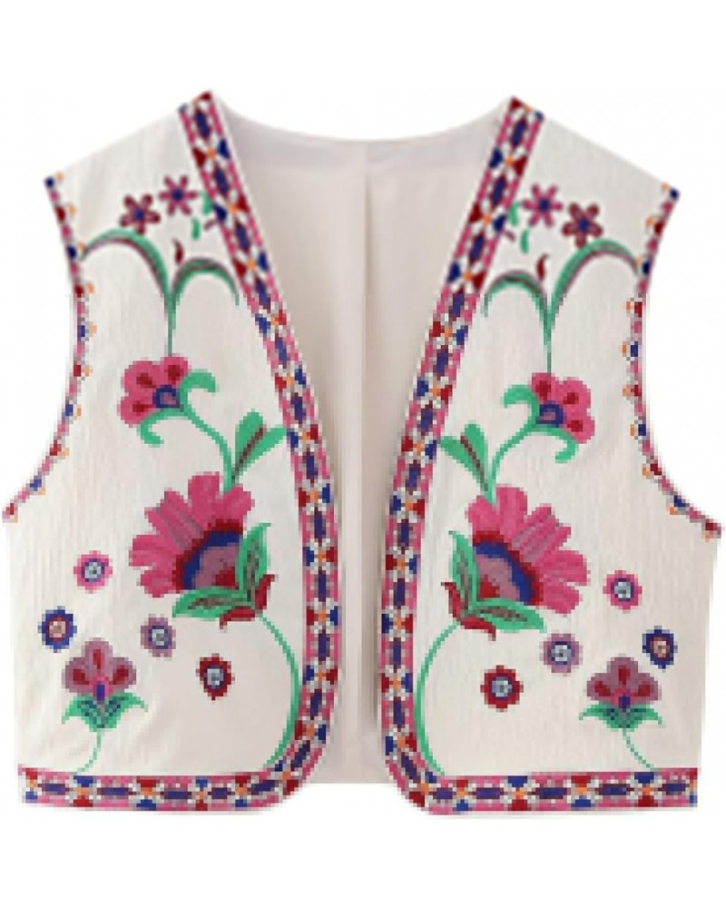 Women's Vintage Embroidered Floral Vest Y2k Sleeveless Linen Open Shirt Blouse Fashion Crochet Flower Cardigan Vests Tops Bei...