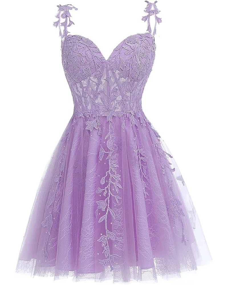 Rhinestone Lace Applique Homecoming Dresses 2024 Illusion Floral Tulle Short Prom Dress SYYS349 Lilac $30.34 Dresses