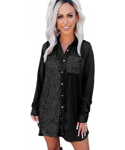 Womens Lapel Long Sleeve Shirt Jacket Casual Button Dresses Sequin Sparkle Boyfriend Oversized Patchwork Coat Outwear Black $...